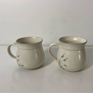 Set of 2 Matching Handmade Wheel Thrown Pottery Mugs Signed Cream Green